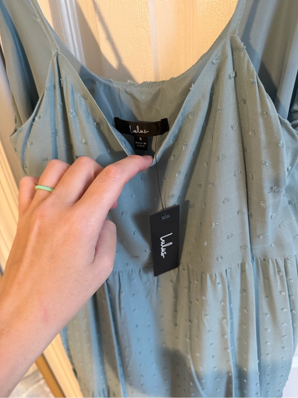 Lulu's Sage Blue Swiss Dot Tiered Midi Dress - Picture 4 of 7